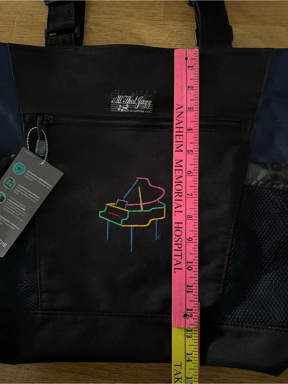 Vintage Men’s Black and Navy Tote Bag with Piano Graphic 17inx14in Brand New